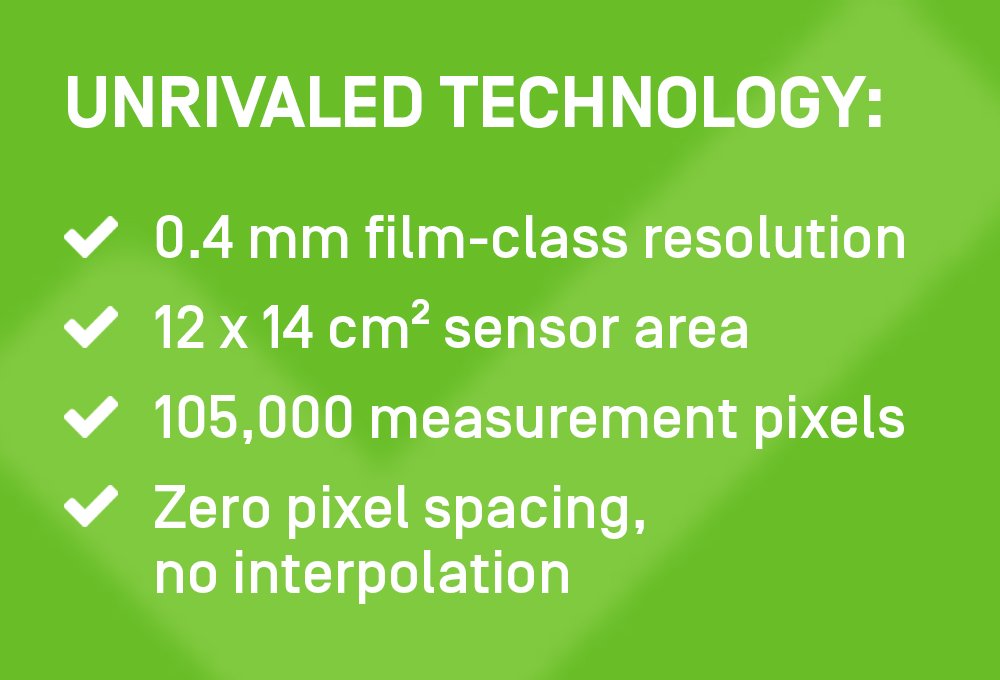 105000 measurement pixels | 0.4 mm film-class resolution | Zero pixel spacing, no missing data | 12 x14 qcm sensor area